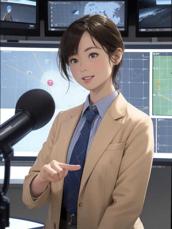 (best quality, 4k, 8k, highres, masterpiece:1.2), ultra-detailed, realistic:1.37, studio lighting, vivid colors, professional, sharp focus, bokeh, medium:photography, background, recording scene of a TV weather forecast program, female weathercaster standing in front of a weather map board, wearing a stylish business suit, pointing to the weather map with a stick, looking at the camera, male weathercaster listening to the explanation, engaging in a serious conversation.