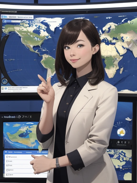 (best quality, 4k, 8k, highres, masterpiece:1.2), ultra-detailed, realistic:1.37, studio lighting, vivid colors, professional, sharp focus, bokeh, medium:photography, background, recording scene of a TV weather forecast program, female weathercaster standing in front of a weather map board, wearing a stylish business suit, pointing to the weather map with a stick, looking at the camera, male weathercaster listening to the explanation, engaging in a serious conversation.