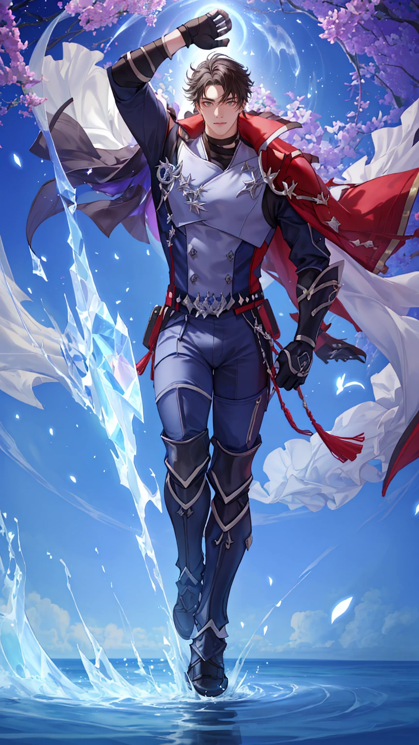 ((Wriothesley DARK HAIR, IN RED CAPE!! BLACK LEATHER COSTUME DESIGN THEME))! ((LUXURY COSTUME))! (FRONT VIEW FULL BODY POSE) ((GIGACHAD GIANT MUSCULAR BODY)) (((BIG BULGE, BIG ASS, BIG THIGH, SEXY POSE))) ((SEXY POSE SHOW ASS)) | FLOATING IN THE SKY WITH ANGEL WINGS (SPARKLE, FLOWER, PETTALS, SNOWFLAKES) BACKGROUND IS BLUE SKY | big CHEST, FULL BODY, large ASS, open legs, show BULGE, smile, portrait knights of zodiac, extremely detailed ((pixiv arts)), high detailed official artwork, [ tarot card ]!!!!!, detailed key anime art, knights of zodiac anime, beautiful celestial mage, firefly from honkai star rails, full body | (dynamic angle:1.1), outline, ((thick lineart)), cover, stylish, official art, (details:1.2), (fantasy), garden, (bloom:1.1), glow:0.2, shadow, nature, flower, splash water, crystal, snowflakes, particles, bokeh, anamorphic light (depth of field), sharp focus, (volumetric lighting), (bokeh:0.6), film grain:0.4, (soft lighting:1.1) | high-quality, ultra-detailed illustrations, ultra-high resolution, (high resolution,overwhelmingly pixel-perfect,luxurious illustration), (Ultra Quality, Masterpiece, Ethereal:1.4) photorealistic:.1.4, UHD (8k, RAW photo, best quality, masterpiece:1.2)