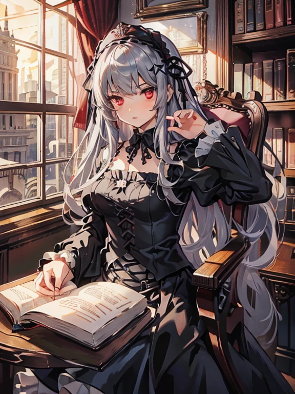 masterpiece, highest quality, Very detailed, 16k, Ultra-high resolution, Cowboy Shot, One , Detailed face, Perfect Fingers, sui1,Mercury lamp, Red eyes, Long Hair, Gothic Dress, Gray Hair, Floral Hair Ornament, Long sleeve, Gothic Headband, ribbon, Black Dress, Black wings, Western-style building, libraryai, Bookshelf, Big Appearance, Luxurious chair, I read a book
