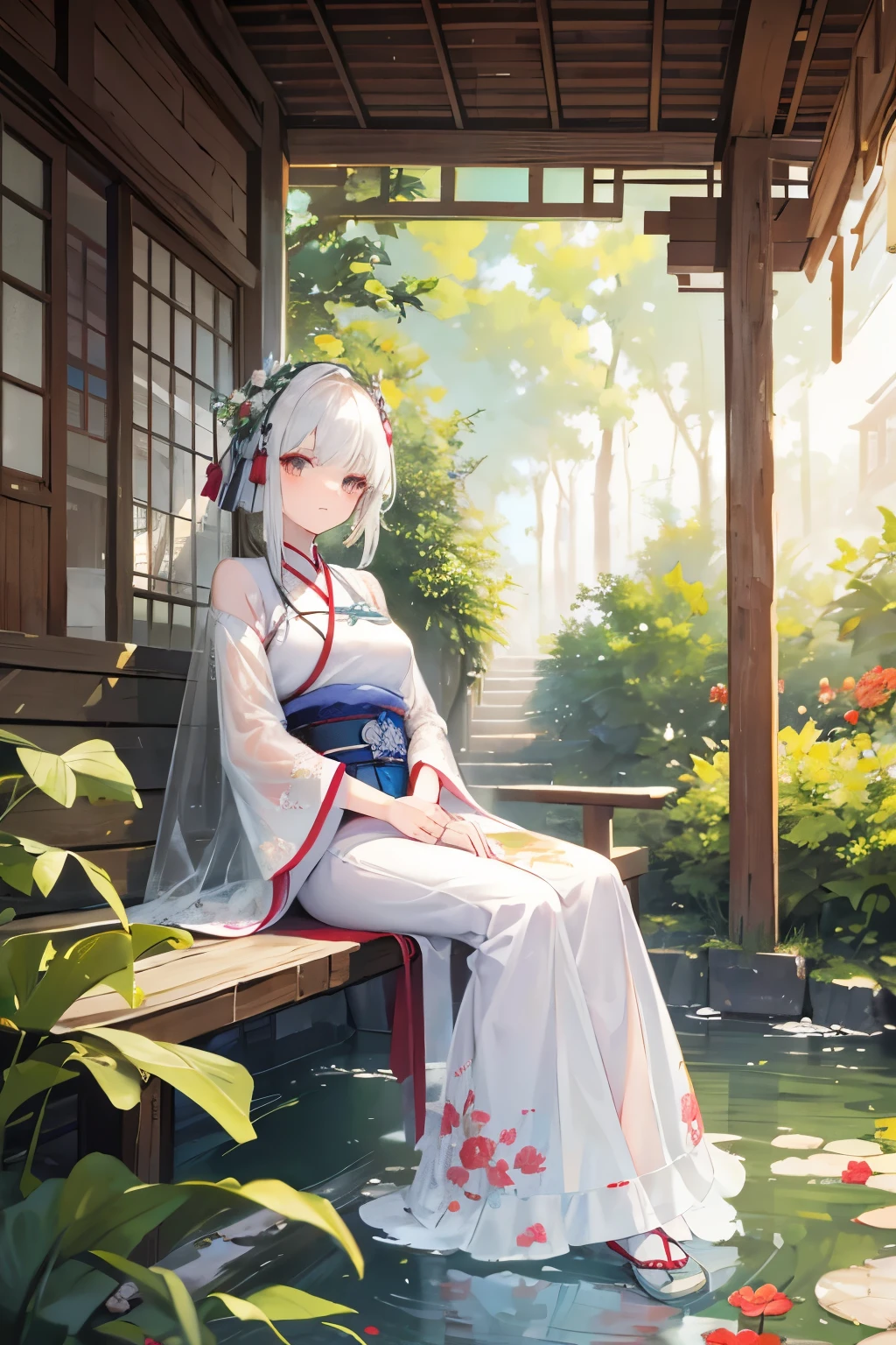 Two-dimensional, ancient style, spring garden, outdoor, white hair, Hanfu, nature, there is a pond in the middle of the courtyard, begonia floating on the pond, girl sitting on a bench in the corridor, wearing a transparent feather robe, holding a bamboo flute, random body posture, intricate details, best quality, ray tracing, rendering, 8K, masterpiece