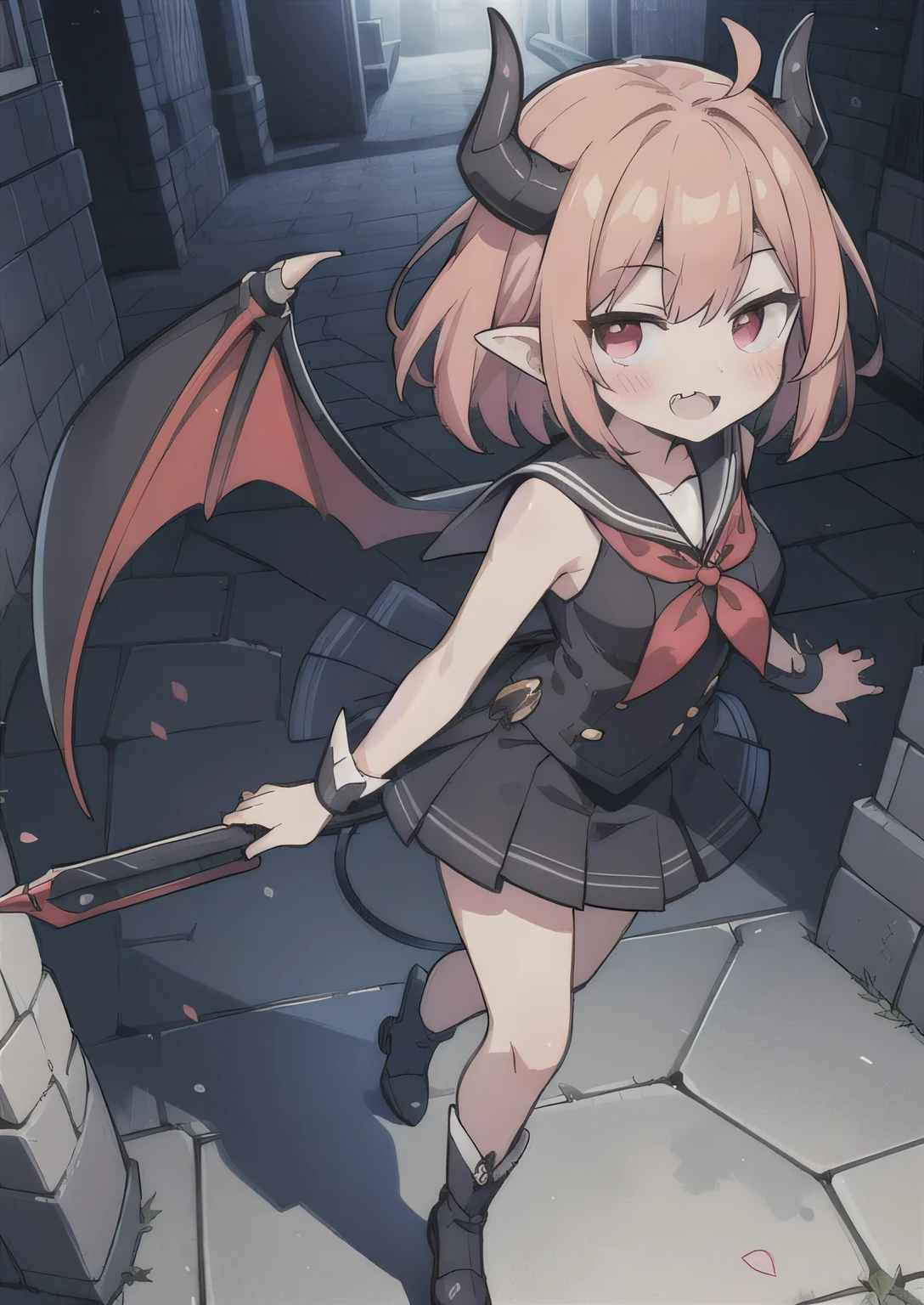 8K, 1girl, petit, adult, kawaii vampire, crimson hair, short hair, red eyes, fang, bat wings, smile, (blush), (shy), pointed ears, looking at viewer, dynamic angle, wind, game cg, fantastic scenery, demon tail, thin tail, black horns, medium breast, show full body, magical girl, sailor outfit, dungeons, summon, magic,