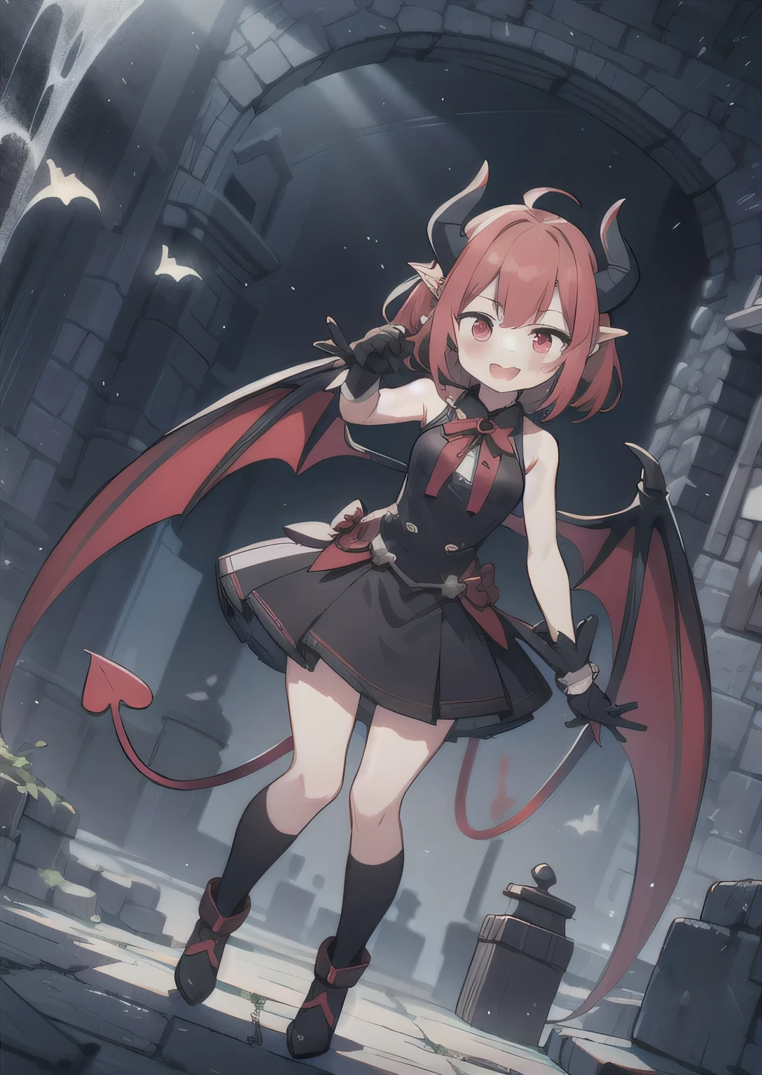 8K,  1girl, petit, adult, kawaii vampire, crimson hair, short hair, red eyes, fang, bat wings, smile, (blush), (shy), pointed ears, looking at viewer,  dynamic angle, wind, game cg, fantastic scenery, demon tail, thin tail, black horns, medium breast, show full body, magical girl, dungeons, summon, magic, 