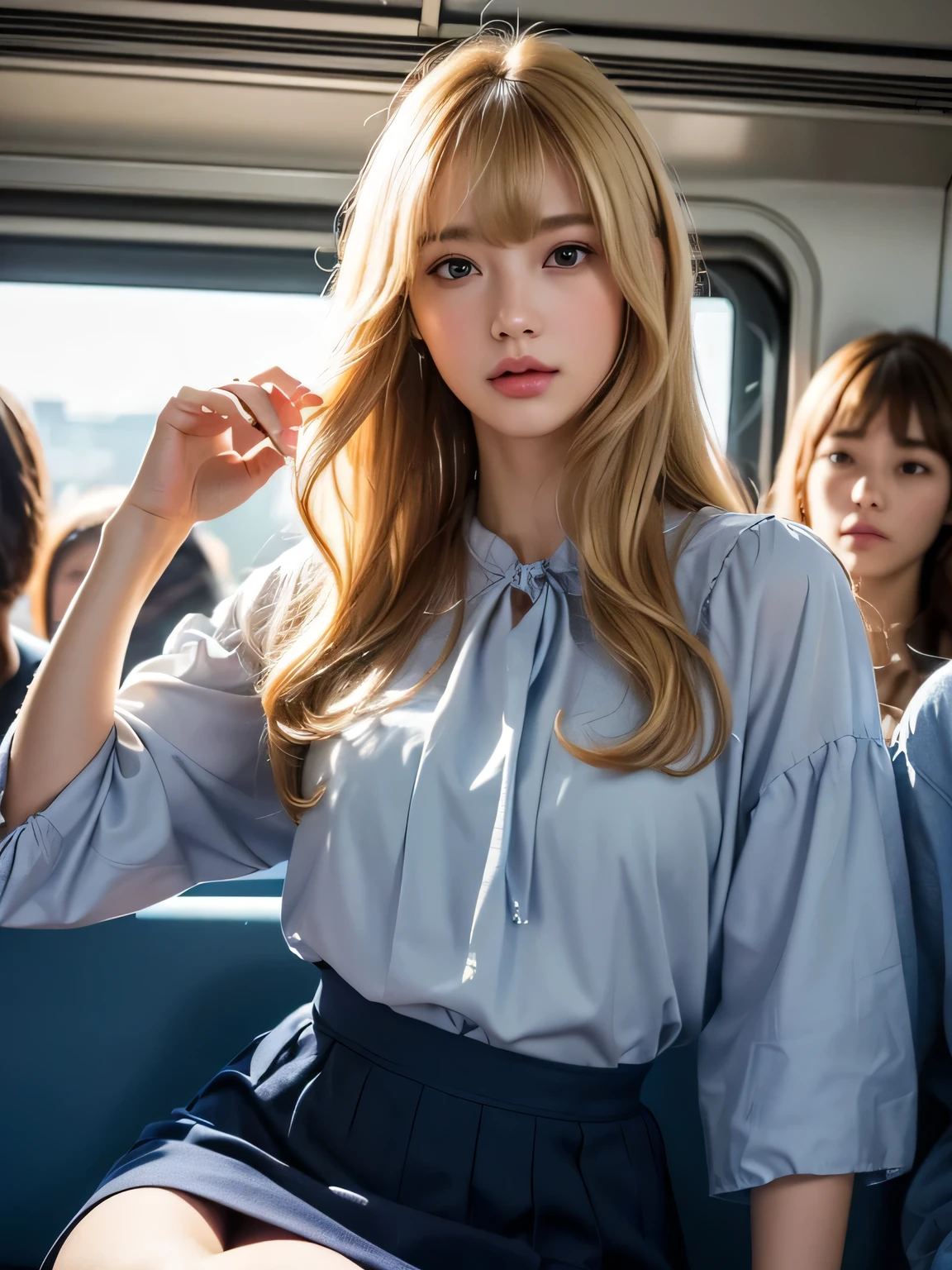 8K、Photo image masterpiece、highest quality、Super-resolution、Angle low-angle image from the feet、Beautiful woman with golden curly hair、((Blonde beauty))、With bangs、Strong winds、Impossibly cute face、And slim、Small breasts、High resolution、masterpiece、Exquisite Function 、Delicate eyes、Delicate blonde hair、8K quality、Pale light and shadow、Dindal effect、Strong winds make her blonde hair messy、With bangs、Random Hairstyles、((A photo from the delicate feet)、(Detailed RAW Photos of Girls)、(Tabletop:1.25)、 (Highest quality:1.6)、(超High resolution:1.5)、(Real:1.75)、8K resolution、Image from the foot、 (RAW Photos:1.2), (Realistic:1.4), Beautiful detailed woman, Very narrow waist、Very detailed eyes and face, Beautiful fine details, Large file size、Very detailed、High resolution、highest quality、masterpiece、((A light navy blue summer blouse and a white skirt))、Very detailed、CG、Unified、8k wallpaper、The finer detailasterpiece、highest quality、 Light on the face、Cinema Lighting、27-year-old woman、Molestation incident、Inside a packed train, The train was so packed there was no room to move.、The crowds surge、In the middle of a crowd3I'm surrounded by people and they're touching me、Colorful costumes、(highest quality,16k,最High resolution、Tabletop:1.2),Very detailed、(Realistic、Realistic:1.37)、27-year-old woman、Random Hairstyles、Accentuate your waistline、Clearly visible body lines、Light background、Sheer costume、Costumes of various colors and shapes、White Pantyhose、((In the middle of a crowd3People touching my body、In the middle of a crowd3People touching my breasts and buttocks、))、