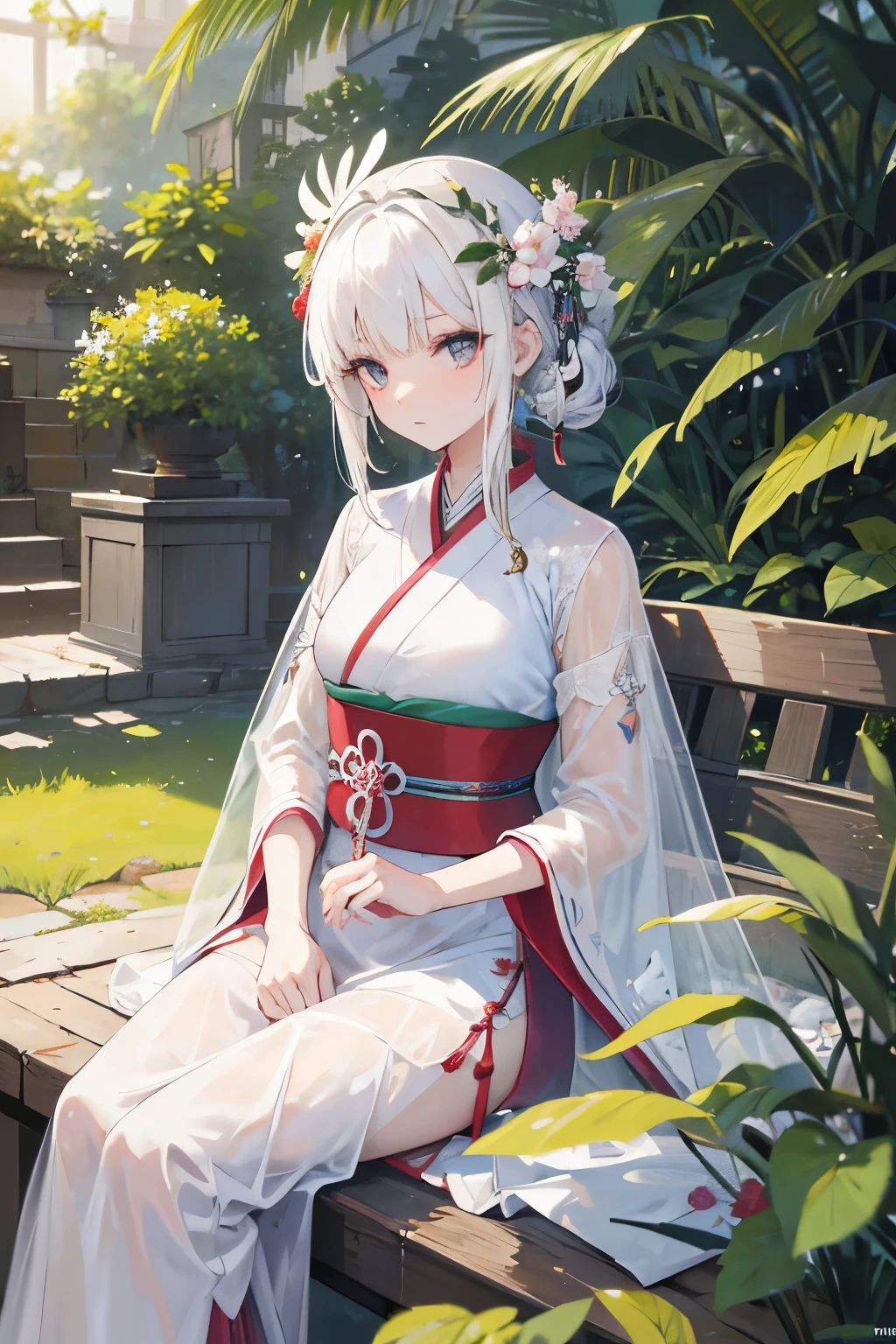 Two-dimensional, ancient style, spring garden, outdoor, white hair, Hanfu, nature, there is a pond in the middle of the courtyard, begonia floating on the pond, girl sitting on a bench in the corridor, wearing a transparent feather robe, holding a bamboo flute, random body posture, intricate details, best quality, ray tracing, rendering, 8K, masterpiece