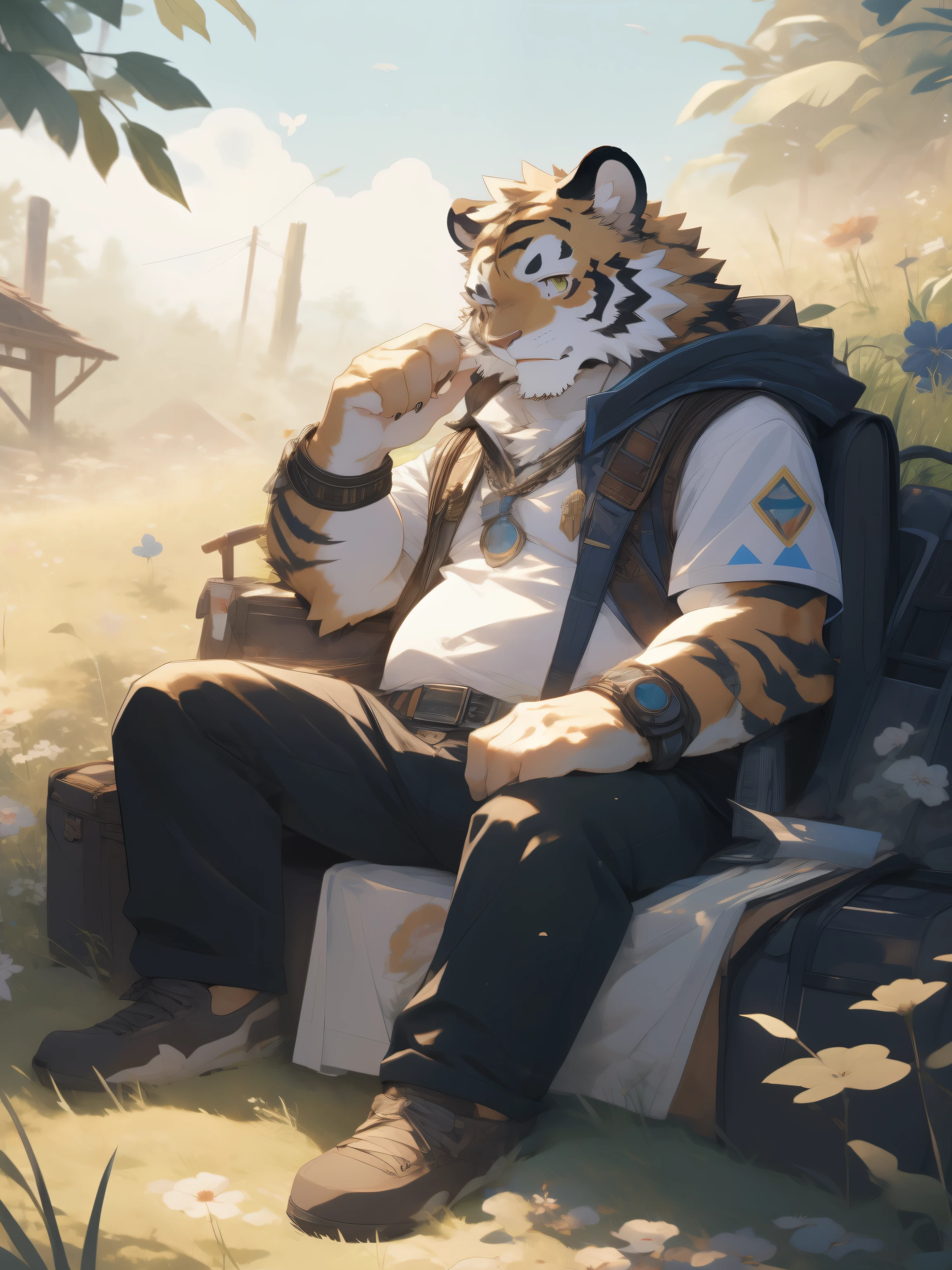 Masterpiece, Best quality, Perfect anatomy, author:K0bit0wani, author:Milk Tiger 1145, (author:Dex:0.3), Furry, coyote, tiny ears, Solo, Male, baggy pants, Skinny white vest, Eau, Abs,Adventurer clothing, legs separated, Small raised, Slightly chubby figure, Detailed background, Leaning back, Butterfly, Grass,Shota,Libido boy