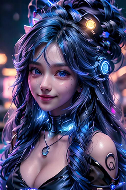 ultra detail, prettt girl, cute face, random hairstyle, very long hair, blue hair color, supermodel, perfect big breast, cleavage, dodger blue color eyes, cyberpunk dress, neon lights, necklace, hair accessories, eye on viewer, happy smile,