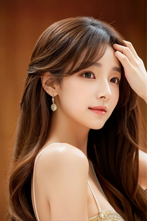 a woman with long, straight, light brown hair that falls elegantly over her shoulders. Her eyes are brown. Her face is full of tears.
Her skin is of a warm and healthy tone,