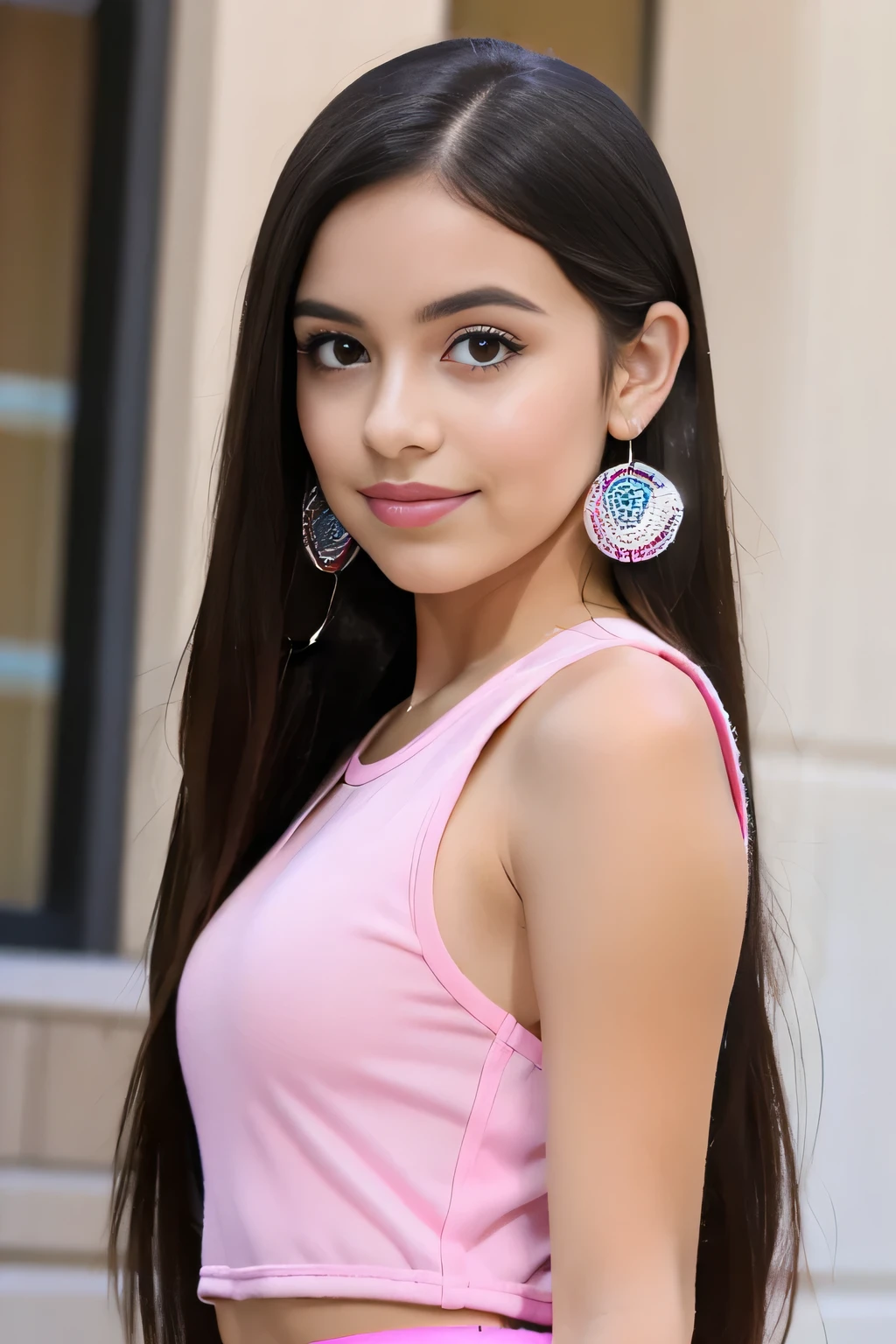 Latin girl. Dark hair. Straight hair. Dark Eyes. Teen. Young adult. Pretty. Popular. Outgoing. Cheerleader. Thin eyebrows. Hoop earrings. Barbie pink outfit.
