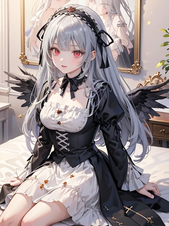 masterpiece, highest quality, Very detailed, 16k, Ultra-high resolution, Cowboy Shot, One ****************, Detailed face, Perfect Fingers, sui1,Mercury lamp, Red eyes, Long Hair, Gothic Dress, Gray Hair, Floral Hair Ornament, Long sleeve, Gothic Headband, ribbon, Black Dress, Black wings, classical European style bedroom, Sit on the bed