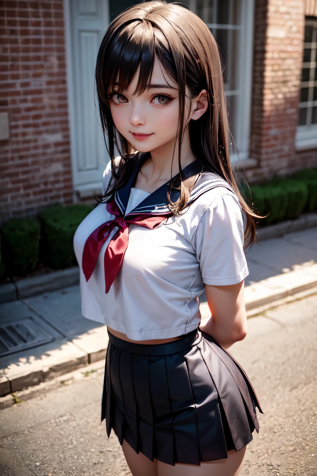 very cute and beautiful girl,(highly detailed beautiful face and eyes),(smile:1.2),looking at viewer,
black hair,sailor ,short sleeve,(pleated navyblue mini skirt),standing,arms behind back,
town street,front of gray brick wall,pink building,
(best quality,masterpiece),absurdres,highres,ultra-detailed,extremely detailed,32k,8k resolution,
intricate details,cinematic scene,detailed background,solo,dynamic angle,