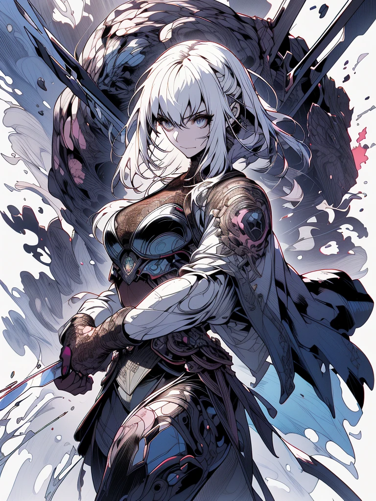 gwenpool, ((assassin style)),((Doragon)),water world,Colosseum,saibe,tattoo,no clothes,Savage,small bust,robot hand,Shoulder-length messy hair, no clothes,Detailed beautiful face,Delicate and beautiful eyes,shield,happy, mail, Super fine skin,Beautiful slim style anime girl, Super detailed painting, Luminism, Concept art by Carne Griffiths and Wadim Kashin, 4K resolution, Fractal isometric detail bioluminescence , 3D rendering, octane rendering, complexly detailed , ish, Trending isometric center hyperrealistic cover photo awesome full color on artstation, Hand Painted , Gritty, Realistic Mucha , complex, Hit definition , ish,rough sketch, Thick lines, on the paper, (saiber punk:1.4), frills,lace,frills,lace,frills,lace
BREAK
((Cool oversized chainsaw in hand)), ((Super large cool weapon machine)),open stance, Action pose,
White background,simple background,Wide-angle lens