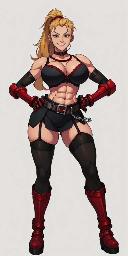 (Plain background) Female Cammy White Street Fighter red gloves gauntlets full body standing straight symmetrical feet together looking to the viewer RED full body armored (handcuffs, shackles, rerebrace, faulds, poleyn, leather collar choker, high boots bootstraps, black stockings) 2 crossing big belt under belly button, navel, abs, garter straps belts attaching bra big knockers ((hands on hips)) view from below, wide hips, thick thighs legs apart from below depth range, smile, red cheeks, long messy hair ponytail