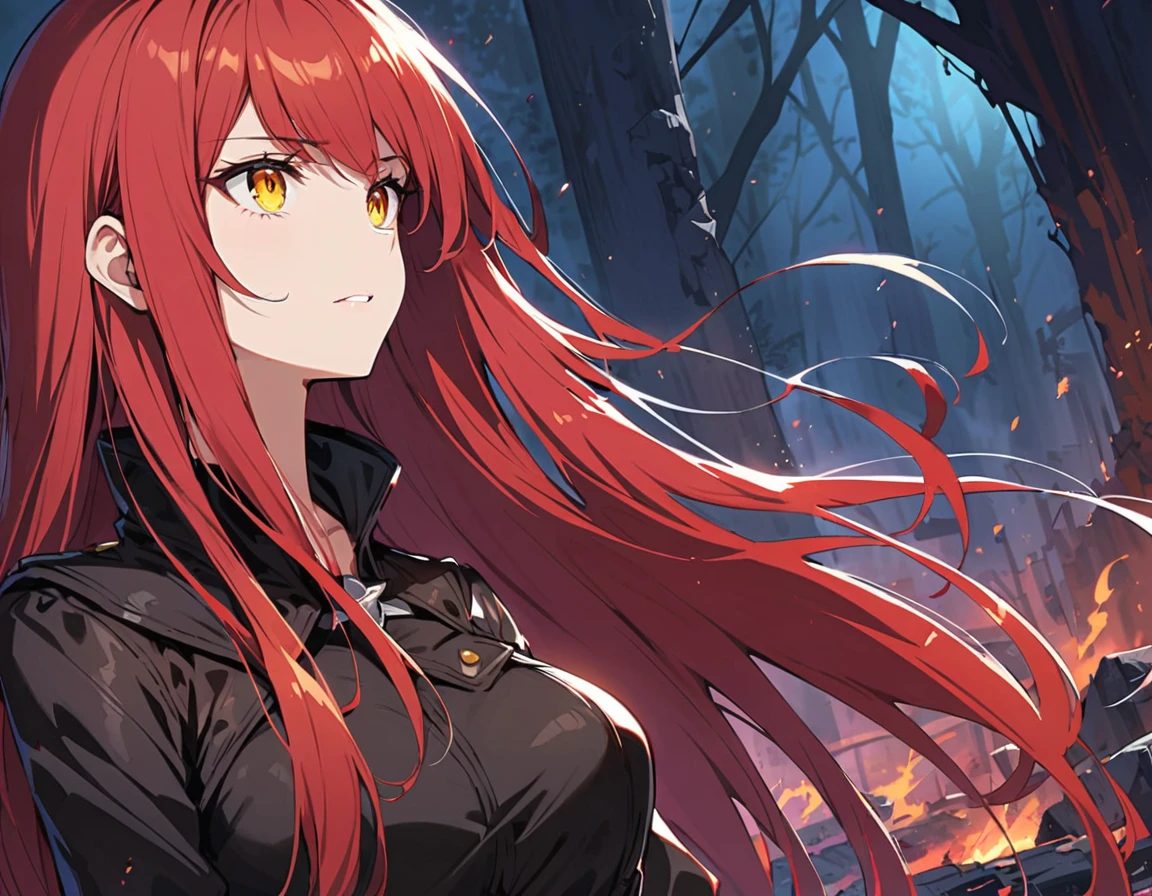 Long red hair, yellow eyes, evil, lether clothes, gloves, ((detailed eyes)), perfect eyes, boots, heels, red and black sexy clothes, bloody scene, ((close up)), destruction, sword, dark place, night, forest, straigh hair cut, clear skin, evil, wind, dark aura, young 30 years girl, adult girl, solo, red, very long hair, 