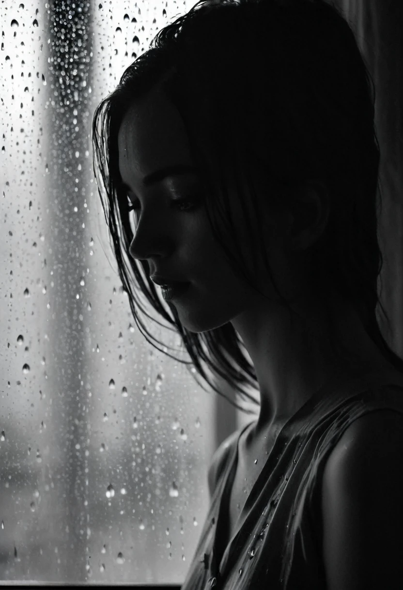 (best quality, 8k, high resolution, realistic: 1.2), ultra detailed view of a rainy day girl on her back with her hand resting on the glass, looking through the window, (black and white: 1.5), hyper realistic, HD , glass window texture, rain drops on the window, blurred background, wet streets, dim lighting, cityscape., quality,ultra-detailed,(realistic,photorealistic:1.37),black and white,monochrome,(vintage,retro),contrasting shades,high contrast,finely textured,classic film noir,expressive shadows,gritty texture,emotional,atmospheric,mysterious,raw,poetic,existential,silent film aesthetic,dramatic composition,grainy,striking visuals,black and white patterns,dynamic monochrome,highly stylized,details in highlights and shadows,deep shadows and bright highlights,black and white cinematography,intense emotion,black and white landscape,breathtaking balance of light and dark,rich tonal range,classic elegance,black and white portrait,compelling facial expressions,timeless beauty,dramatic storytelling,black and white street photography,documentary realism,urban grit,character study,black and white still life,minimalistic,subtle complexity,texture and contrast,visual poetry,black and white abstract,play of light and shadow,ethereal atmosphere,androgynous beauty