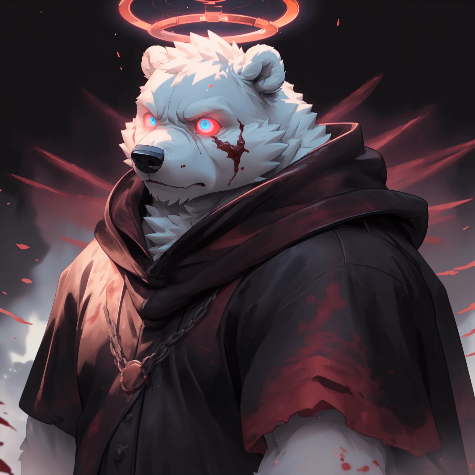 New Jersey 5 Furry，polar bear，Solitary，Chubby，Fat，Thick arms，Rugged muscles，(White plush fur)，Chubby脸，Black eyebrows，Sky blue eyes，(knight clothing, Cherry red long cape), high quality, (portrait，best quality,4k,8K,High resolution,masterpiece:1.2),Bright colors, (close up:1.5),  Dark Souls boss style, Energy explodes around the body,(Red Halo:1.3),Bloodstained,Dynamic Lighting,Ominous atmosphere,Eerie fog,The existence of threats,Full of horror atmosphere,Dark and Tortured Souls, 8K ，Looking at the audience with fierce eyes