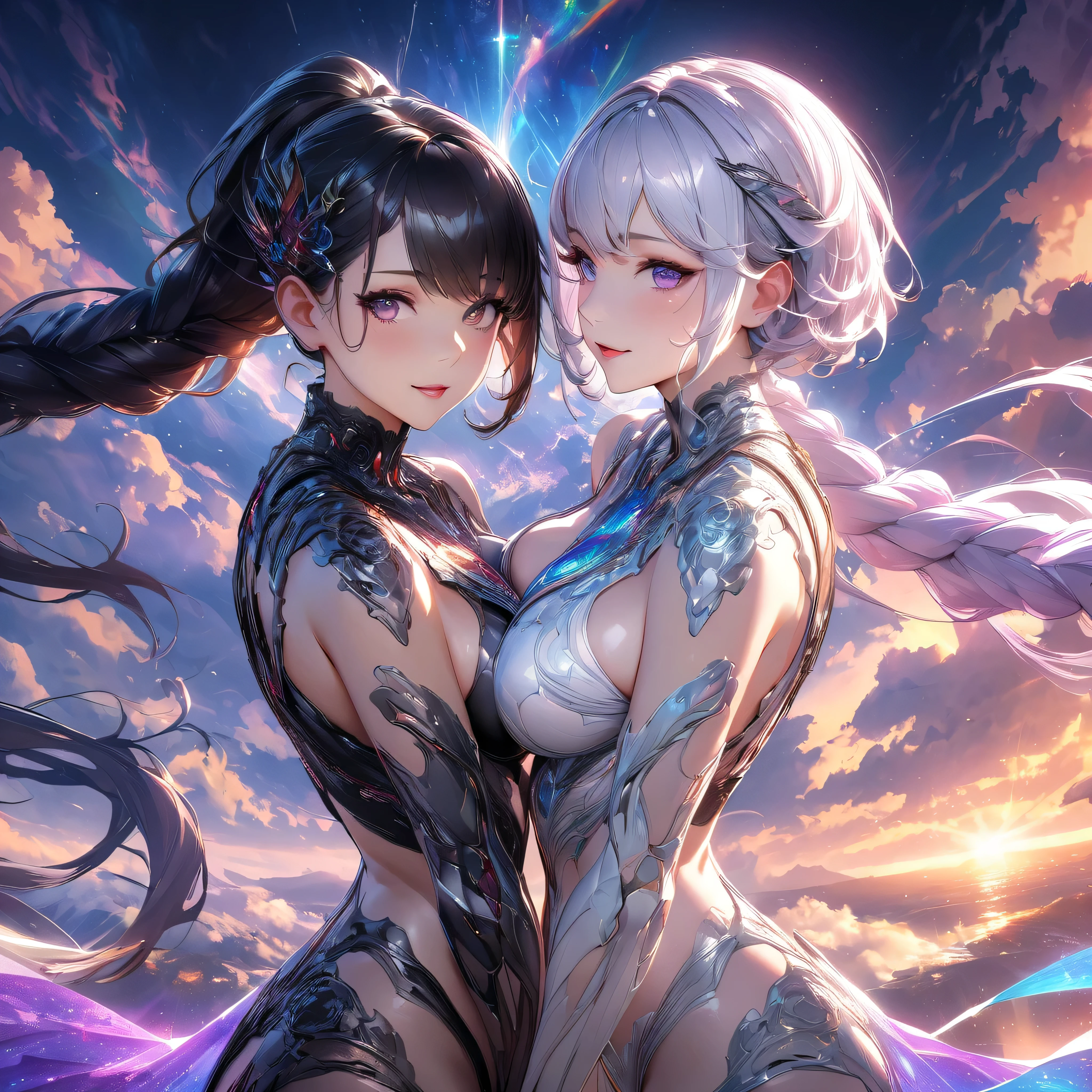 Two women、this is、Purple and white double-drill ponytail anime face woman with、Attractive and realistic anime scene featuring a realistic-looking woman with short golden and black hair。Upper Body、They are wearing revealing black and white skeleton swimsuits.、Emphasizing the graceful curves、It exudes a divine aura like a goddess.。 Against the spectacular backdrop of a sunset、Hall々and, Clouds and the vast universe. With the use of advanced lighting technology、The overall atmosphere of the image is improved.。Volumetric Lighting and Ambient Shading、Create truly immersive and colorful experiences.Very detailed airbrush art、Volumetric lighting、(highest quality)、The Ultra-detailed、Very intricate and colorful details、(Bright lighting)、Dynamic configuration、Ray Tracing、The mirror reflects light、Shallow depth of field、Ultra-detailed、Blend exposed、