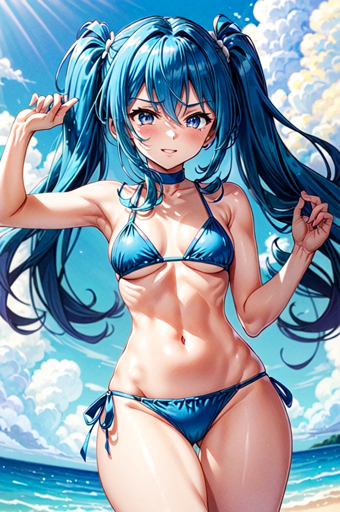Beautiful Wendy Marvell with very wide hips and small waist in small blue bikini, blue hair in pigtails, thick thighs