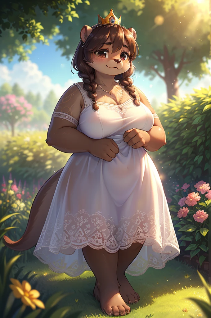 Bokeh , 1 hairy mature otter girl , Short stature , curvy , hige , realistic hairy fur , Round face, swollen cheeks, moist round eyes , Crown Braid , hair ties , (transparent relax see-through summer dress:0.9) , in the grass garden , sunlight , (flare:1.2) , (body line is visible:1.2), (Accurate light transmission calculations:1.5) , model action