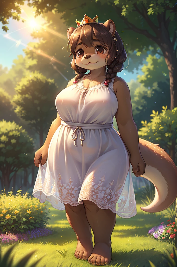 Bokeh , 1 hairy mature otter girl , Short stature , curvy , hige , realistic hairy fur , Round face, swollen cheeks, moist round eyes , (crown braid hair) , (relax see-through summer dress:0.9) , in the grass garden , sunlight , (flare:1.2) , (body line is visible:1.2), (Accurate light transmission calculations:1.5) , model action