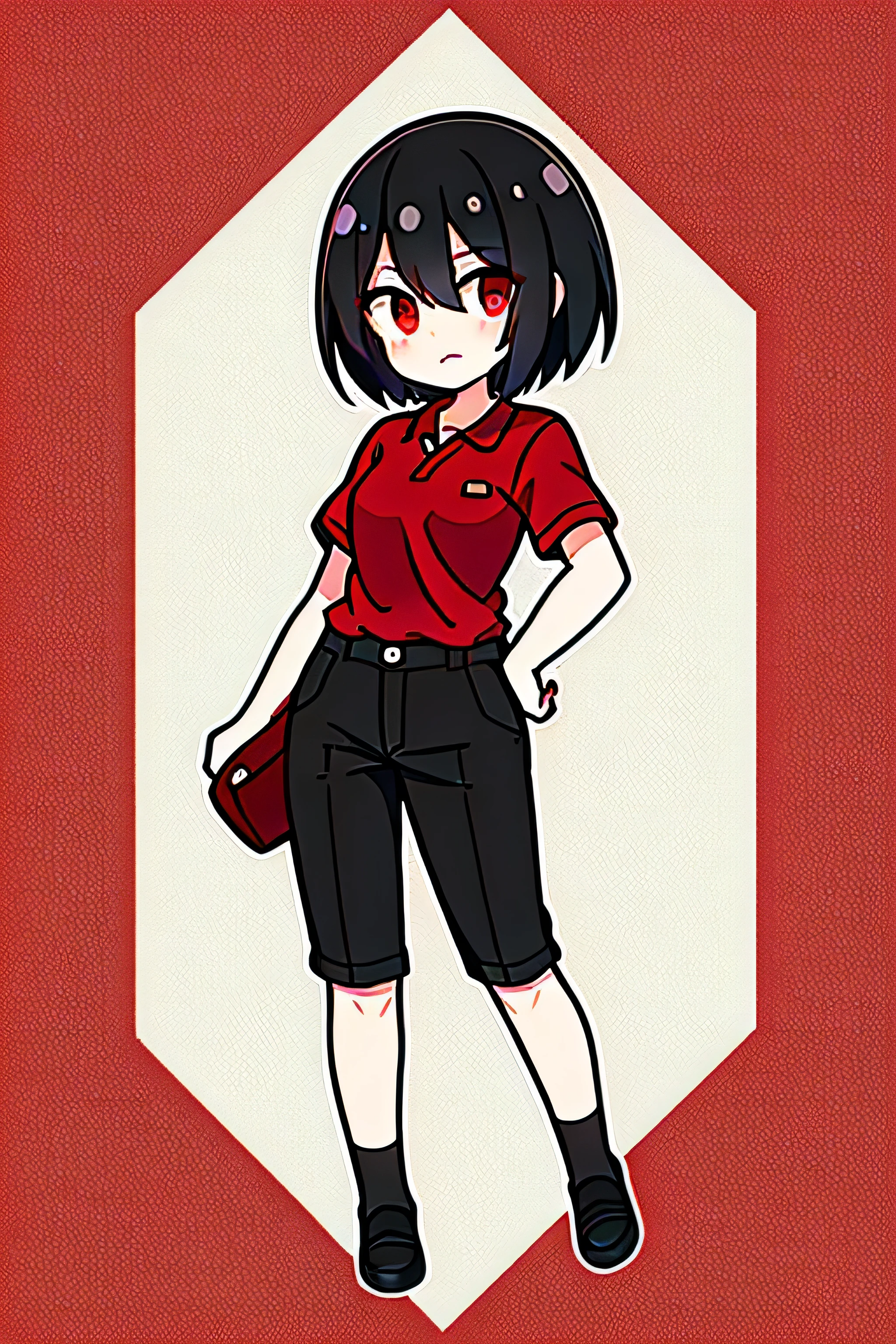 Black Hair,Red Eye,Short sleeve,trousers,Sports flats,Full body portrait,Standing,Q version