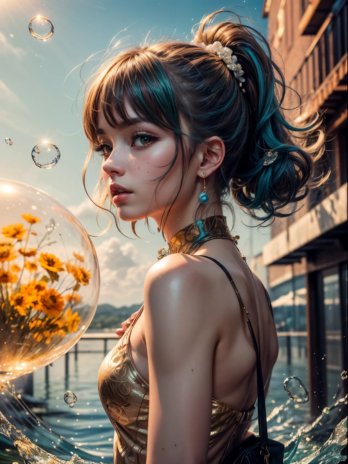 (Masterpiece), (Best Quality), (Super Detail), (disheveled Hair), (Illustration), (One Girl), (Fashionable Clothes), Standing, Fashion Model, Beholder, (Interview), (Simple Background), Finely Beautiful Eyes, Delicate Beautiful Face, Floating, (High Saturation), (Colorful Splash), Colorful Bubble, (Shine), Focus on the Face, Ponytail, Light Blue Hair, Bangs, Hair Rings, Floating Flowers, Floating Hairs, (Shining), Best Lighting, Best Shadows, include colors white orange pearl gold teal, full body camera shot,