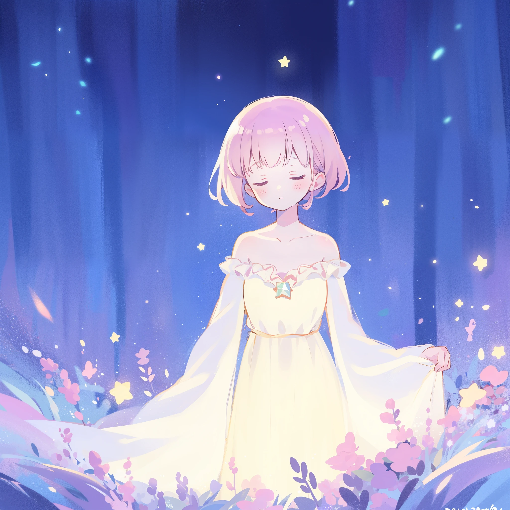 complex background, wishing star background, a woman wearing an ethereal mystical pink translucent dress that reflects the stars, dreamy, peaceful, serene composition, glowing stars, glowing, complex drawing, highly detailed, ethereal, starry night, midjourney style