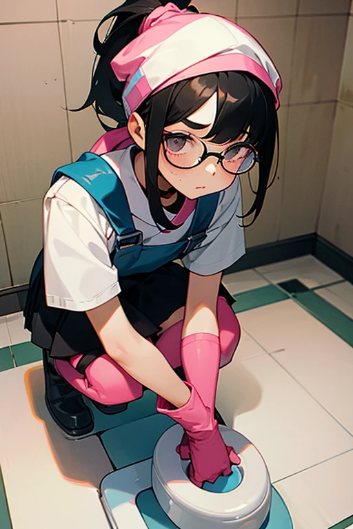 A black-haired, glasses-wearing elementary school girl wearing a short-sleeved horizontal striped shirt, shorts and jeans, oversized pink rubber gloves, white rubber boots and a red gym cap squatting down to clean a toilet at school