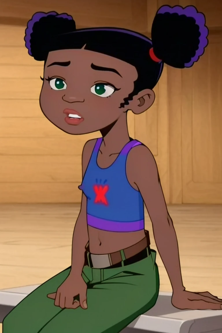 Solo, 1 girl, (((mindblowing quality))) (((Trixie carter, dark-skinned female ,double bun, black hair, belt, purple shirt ,blue tank top, green pants))), in school , sitting on desk, nipples, flat torso, 