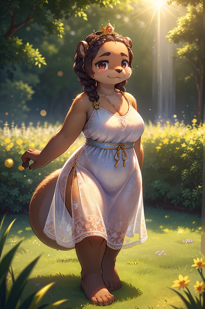 Bokeh , 1 hairy mature otter girl , Short stature , curvy , hige , realistic hairy fur , Round face, swollen cheeks, moist round eyes , (crown braid hair) , (relax see-through summer dress:0.9) , in the grass garden , sunlight , (flare:1.2) , (body line is visible:1.2), (Accurate light transmission calculations:1.5) , model action