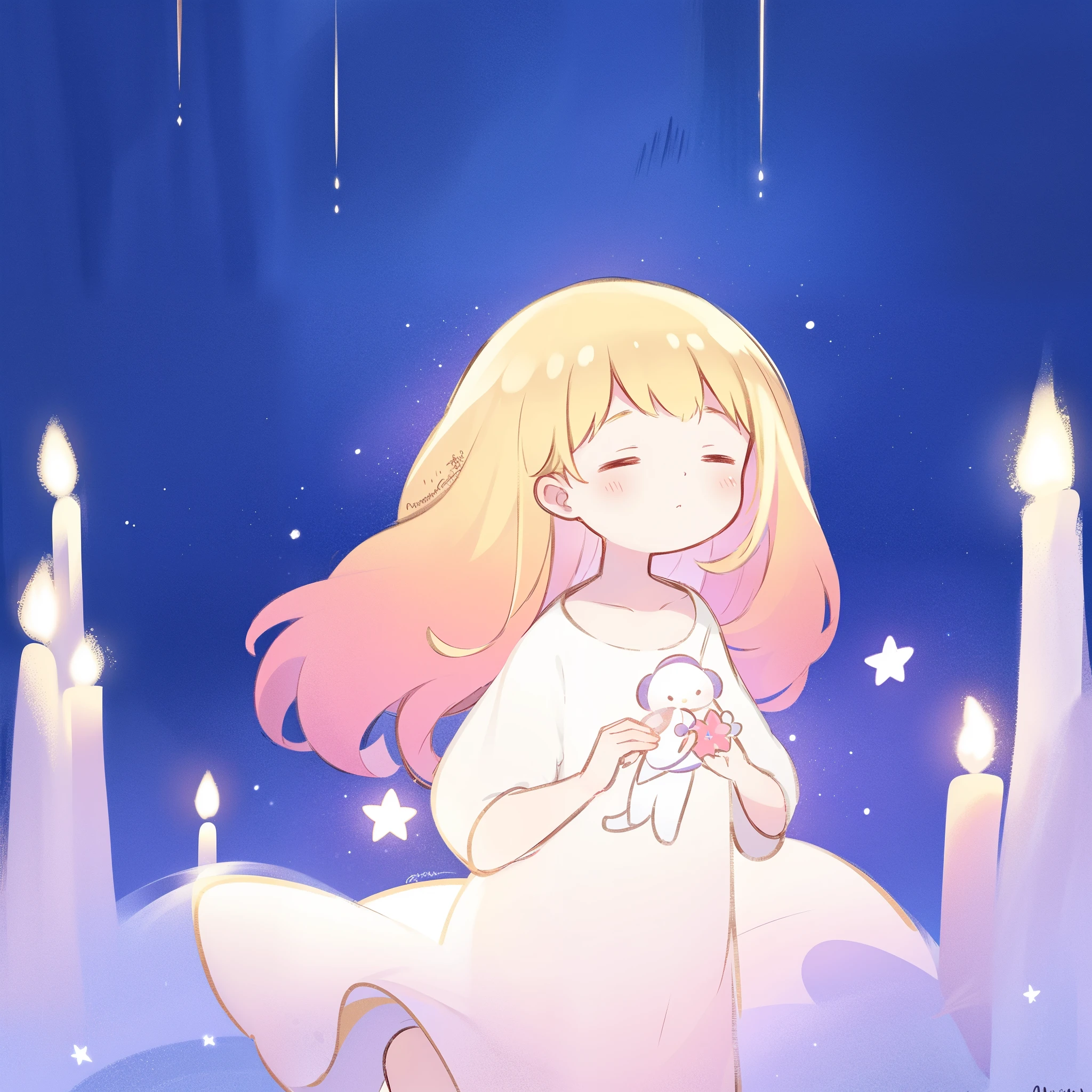 complex background, wishing star background, a woman wearing an ethereal mystical pink translucent dress that reflects the stars, dreamy, peaceful, serene composition, glowing stars, glowing, complex drawing, highly detailed, ethereal, starry night, midjourney style