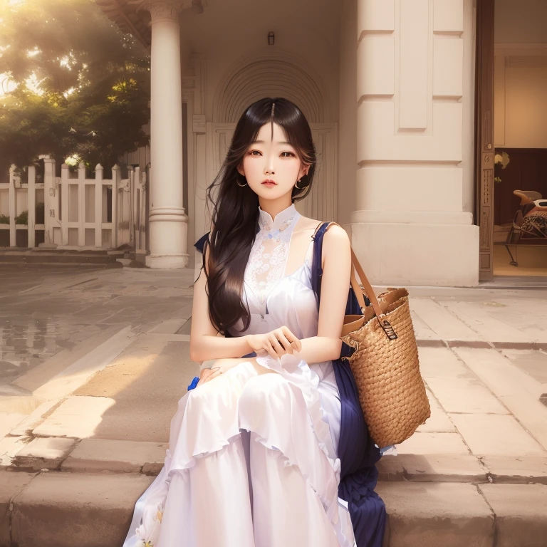 Araffe lady sitting on the steps,Holding a straw bag and a straw bag in hand, Korean female fashion models, Wearing long, flowing clothes, Bae Suzy, Long skirt female, Beautiful young Korean woman, Ulzan, Wearing a flowing dress, Long skirt, Beautiful young Korean woman, Sky blue dress, Beautiful Korean woman, Light-colored half-open dress, soft silk dress