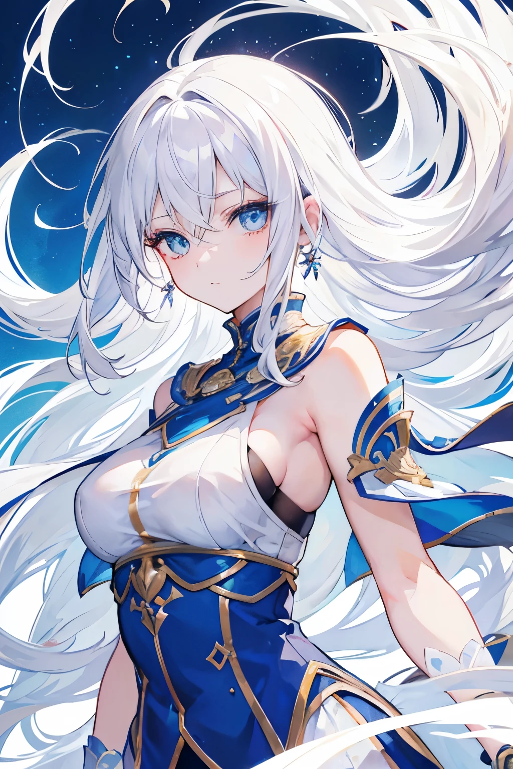 best quality, masterpiece,white hair, blue eyes, upper body,Gorgeous background,1girl, Flowing hair