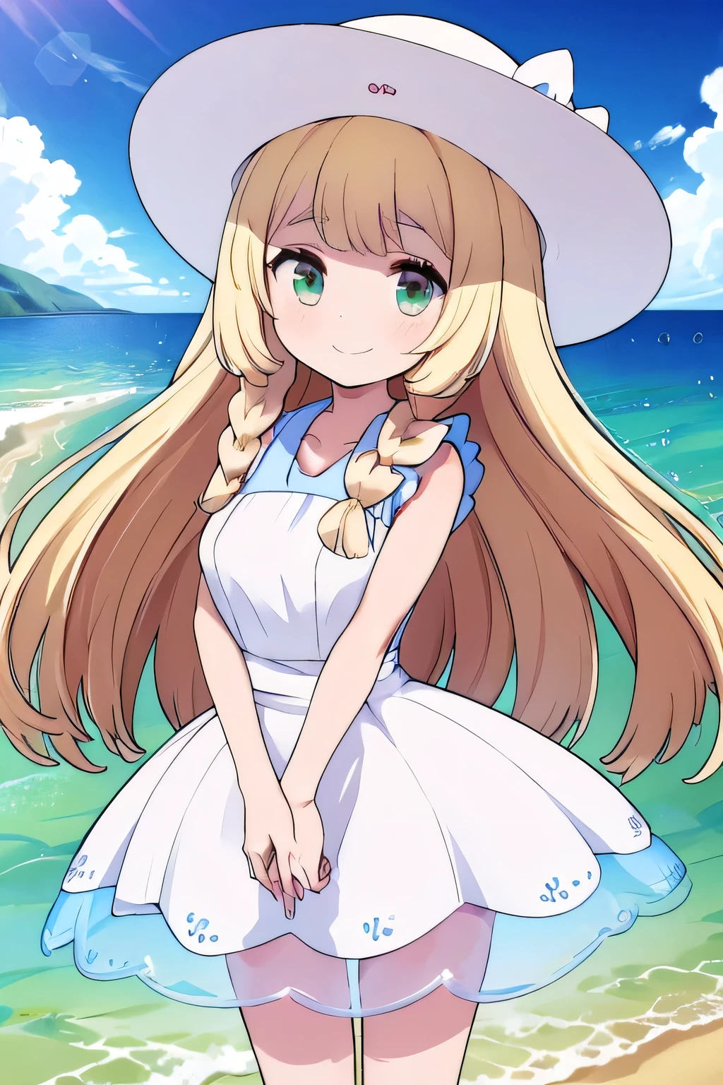 A girl with long hair with yellow heart-shaped bows forward with a fairly large white hat on her head with her hands clasped forward with both looking towards the viewer with a smile y detrás de ella de fondo una playa de día