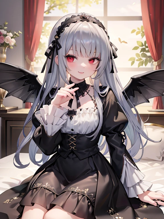 masterpiece, highest quality, Very detailed, 16k, Ultra-high resolution, Cowboy Shot, 1 girl aged 11, Detailed face, Fearless smile, Perfect Fingers, sui1,Mercury lamp, Red eyes, Long Hair, Gothic Dress, Gray Hair, Floral Hair Ornament, Long sleeve, Gothic Headband, ribbon, Black Dress, Black wings, classical European style bedroom, Sit on the bed