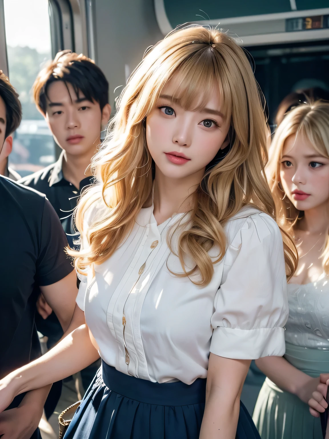 8K、Photo image masterpiece、highest quality、Super-resolution、Angle low-angle image from the feet、Beautiful woman with golden curly hair、((Blonde beauty))、With bangs、Strong winds、Impossibly cute face、And slim、Small breasts、High resolution、masterpiece、Exquisite Function 、Delicate eyes、Delicate blonde hair、8K quality、Pale light and shadow、Dindal effect、Strong winds make her blonde hair messy、With bangs、Random Hairstyles、((A photo from the delicate feet)、(Detailed RAW Photos of Girls)、(Tabletop:1.25)、 (Highest quality:1.6)、(超High resolution:1.5)、(Real:1.75)、8K resolution、Image from the foot、 (RAW Photos:1.2), (Realistic:1.4), Beautiful detailed woman, Very narrow waist、Very detailed eyes and face, Beautiful fine details, Large file size、Very detailed、High resolution、highest quality、masterpiece、((A light navy blue summer blouse and a white skirt))、Very detailed、CG、Unified、8k wallpaper、The finer detailasterpiece、highest quality、 Light on the face、Cinema Lighting、27-year-old woman、Molestation incident、Inside a packed train, The train was so packed there was no room to move.、The crowds surge、In the middle of a crowd3I'm surrounded by people and they're touching me、Colorful costumes、(highest quality,16k,最High resolution、Tabletop:1.2),Very detailed、(Realistic、Realistic:1.37)、27-year-old woman、Random Hairstyles、Accentuate your waistline、Clearly visible body lines、Light background、Sheer costume、Costumes of various colors and shapes、White Pantyhose、((In the middle of a crowd3People touching my body、In the middle of a crowd3People touching my breasts and buttocks、))、