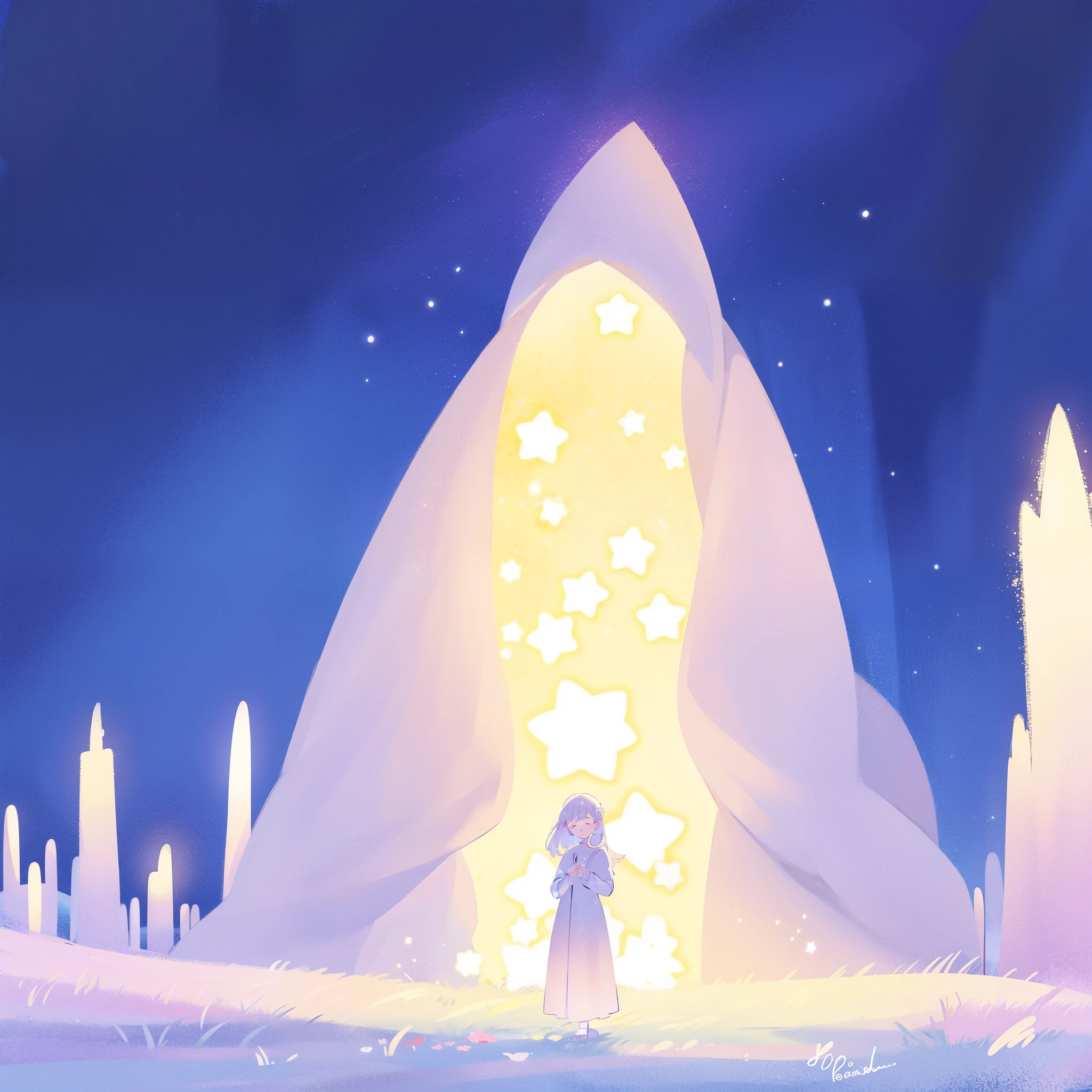 complex background, wishing star background, a woman wearing an ethereal mystical pink translucent dress that reflects the stars, dreamy, peaceful, serene composition, glowing stars, glowing, complex drawing, highly detailed, ethereal, starry night, midjourney style