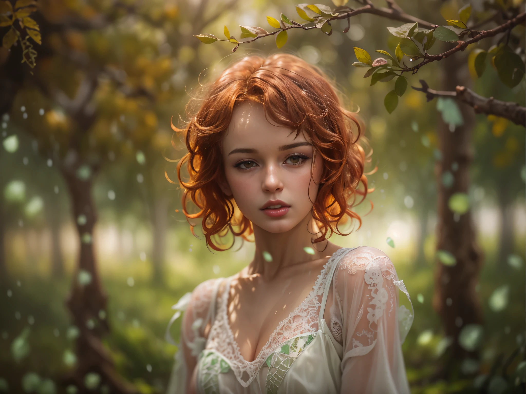 cute woman under drizzling rain, (elegant, beautiful face), transparent white dress, forest moss, (freckles:0.8), flowers feld, , curly red hair, magical atmosphere, (short hair), ((detailed skin, skin texture)), ultradetailed, (intricately detailed, fine details, hyperdetailed), raytracing, subsurface scattering, (fantasy underworld on background), diffused soft lighting, shallow depth of field, sharp focus bokeh, (realistic photo quality:1.4), renatadaninsky