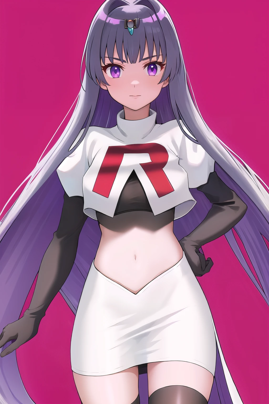 veyle_engage, 1girl, purple eyes, solo, team rocket,team rocket uniform,white skirt,red letter R,crop top,black thigh-highs,black elbow gloves