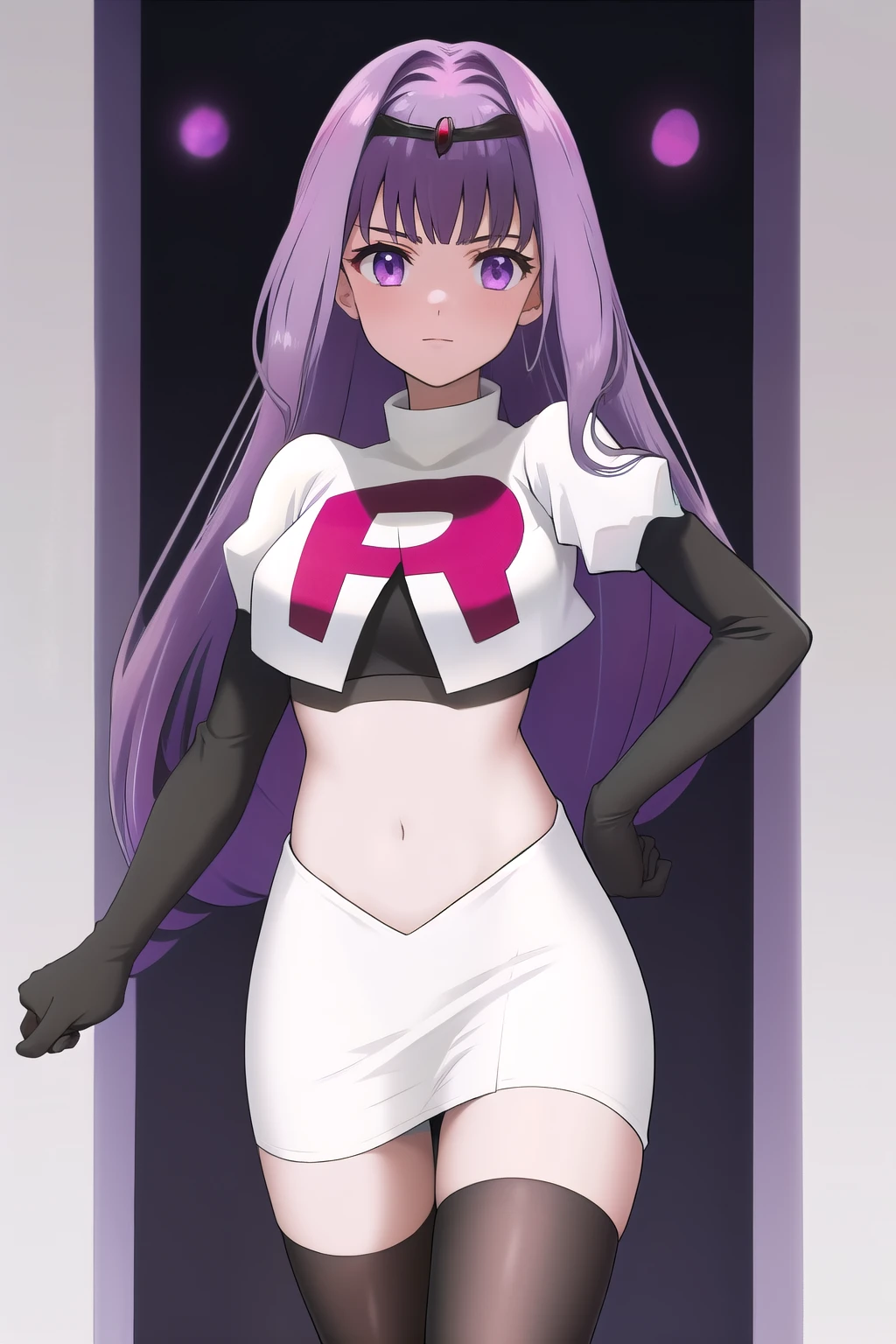 veyle_engage, 1girl, purple eyes, solo, team rocket,team rocket uniform,white skirt,red letter R,crop top,black thigh-highs,black elbow gloves