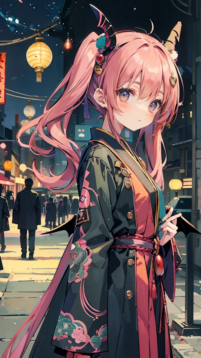 Japanese anime style.
Hong Kong at night, Dancing Cherry Blossom Park.
A cute magical girl and a cool male demon king are enjoying the Parapara dance..
[Cute Magical Girls Special]
Long light green twin tails.
Beautiful hair accessories, but、Ugly but cute mascot characters also appear.
She has a shiny magic wand with a big jewel on it.
[Characteristics of a male demon king]
He is handsome, Mature men in their 30s.
The head has horns、Her hair is very long、It is reddish purple。.
He is wearing a cool long coat, It comes with something like a mascot character...
Large bat-like wings growing from its back..
Next to him is a small, Cute dragon-like monster..