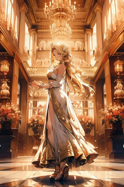 1girl,solo,shall we dance?,blond hair and long hair,white dress,cleavage,in castle room,ball,dance party,gorgeous castle,