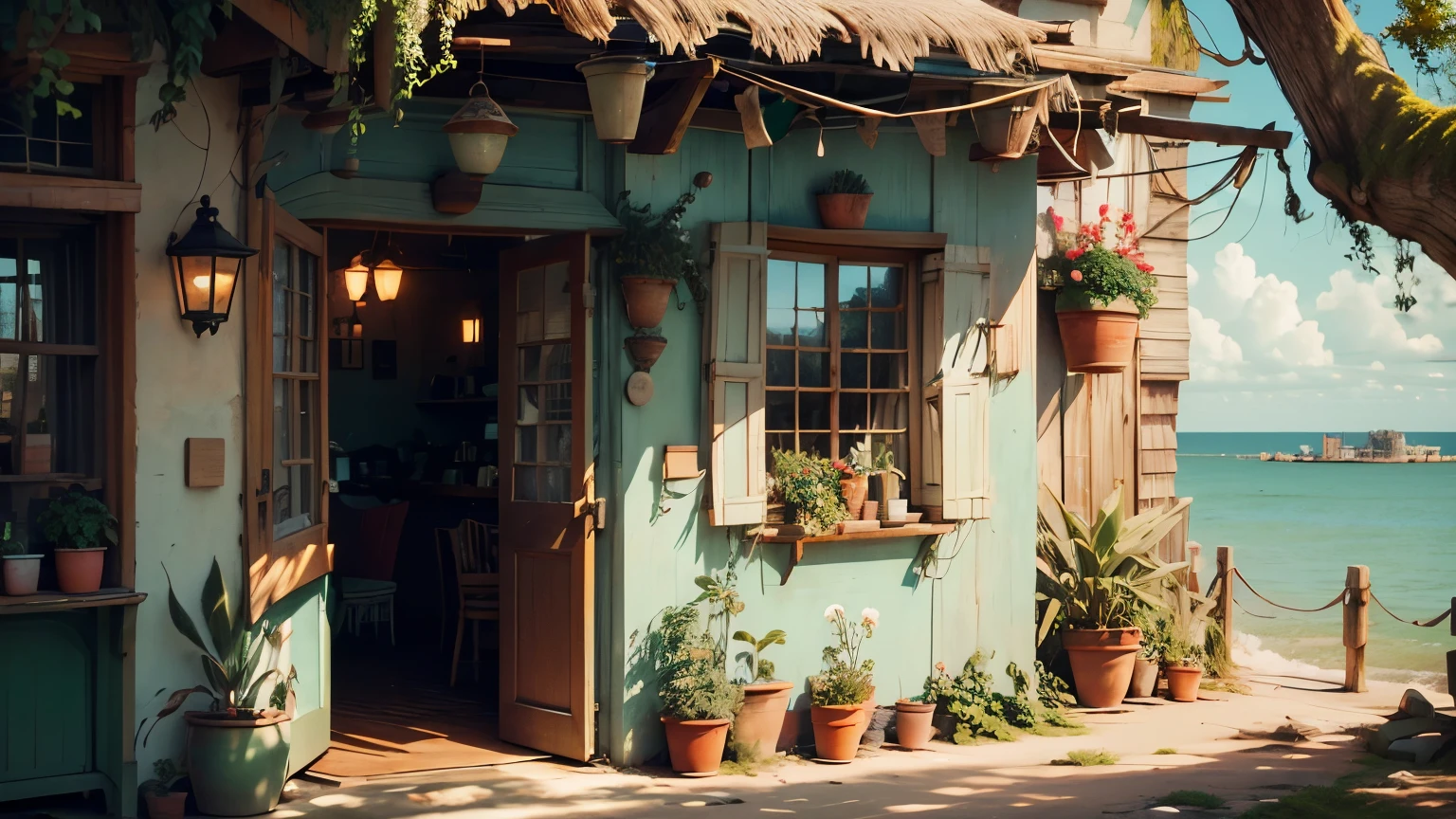 old flimsy shabby coffeehouse, leica style, seaside, ocean view, green plants and flowers, sunny day, natural light, overgrown, highly detailed, extremely sharp focus, closeup, bokeh background