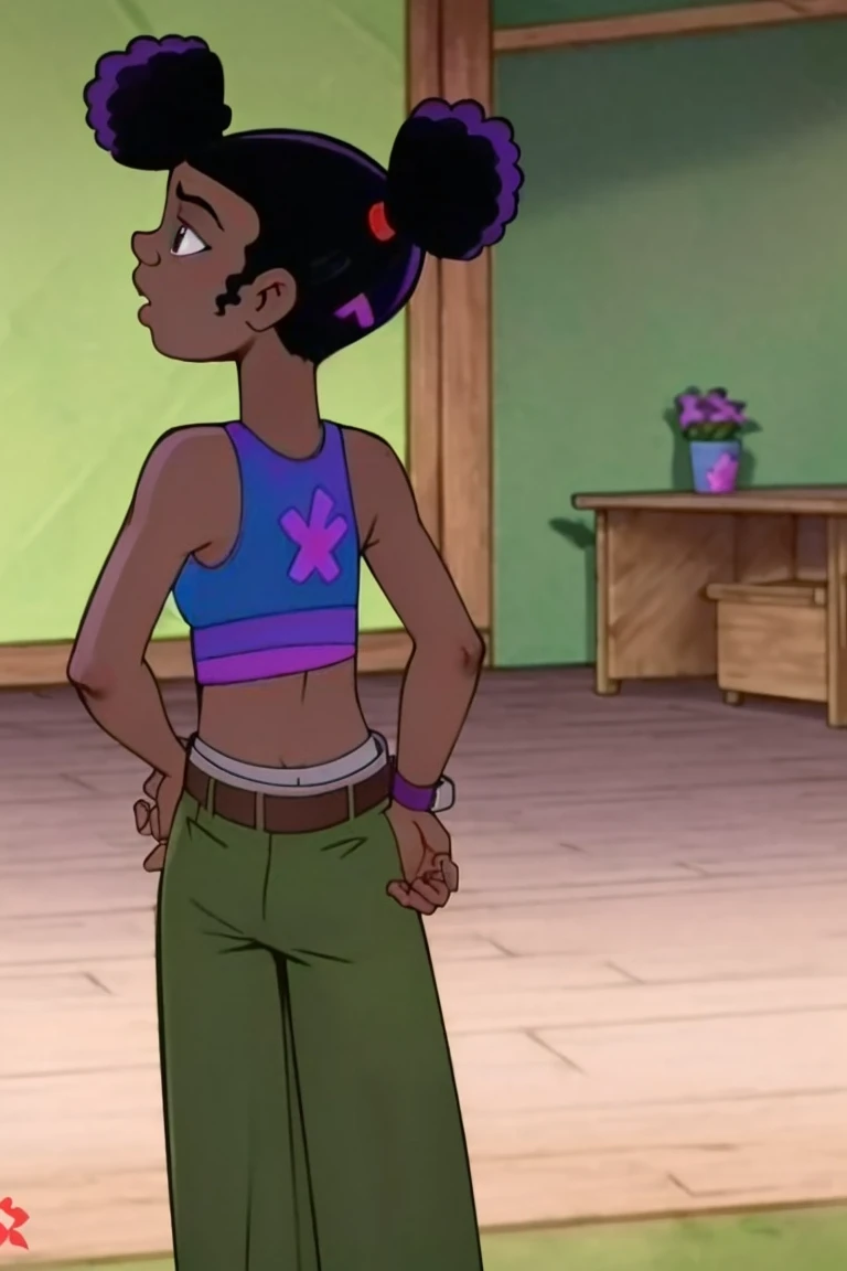 Solo, 1 girl, (((mindblowing quality))) (((Trixie carter, dark-skinned female ,double bun, black hair, belt, purple shirt ,blue tank top, green pants))), in school , standing , by desk, nipples, flat torso, ass, back view, bending over, spread ass,