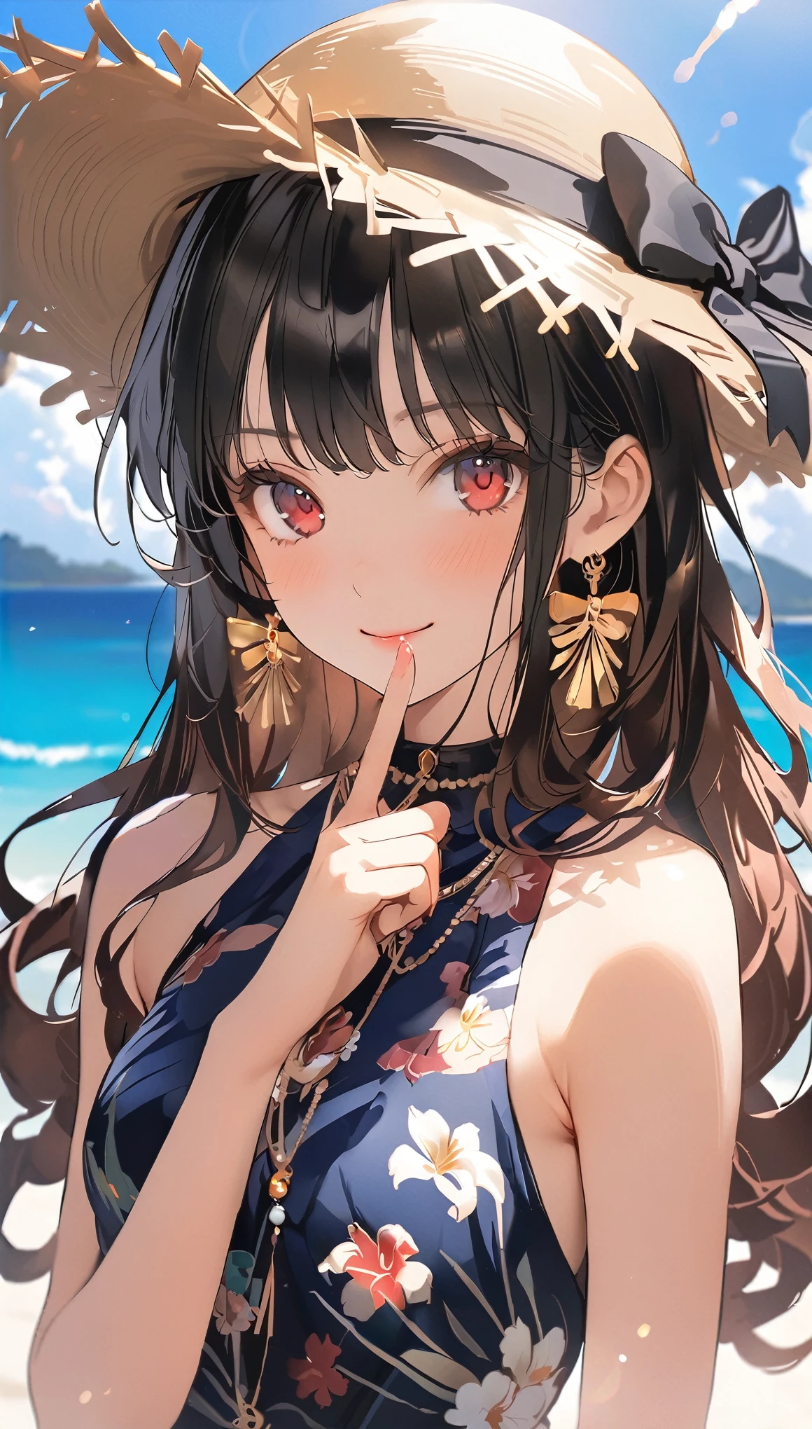 (masterpiece, highest_quality), very be familiar with cg unity 8k wallpaper, wonderful_Are you okay_figure, BREAK 1girl, long black hair wearing a straw hat, small breasts, (glamorous expression), red eyes, anime style 4k, beautiful anime portrait, anime moe art style, anime art wallpaper 4k, High quality anime art style, anime style portrait, be familiar with digital anime art, anime art wallpaper 8k, cute anime girl portrait, Hawaii background, blue sea, palm trees, sunlight, whole body, BREAK depth of field, perfect hands, nice fingers, 5_finger, 4_finger,1_thumb,