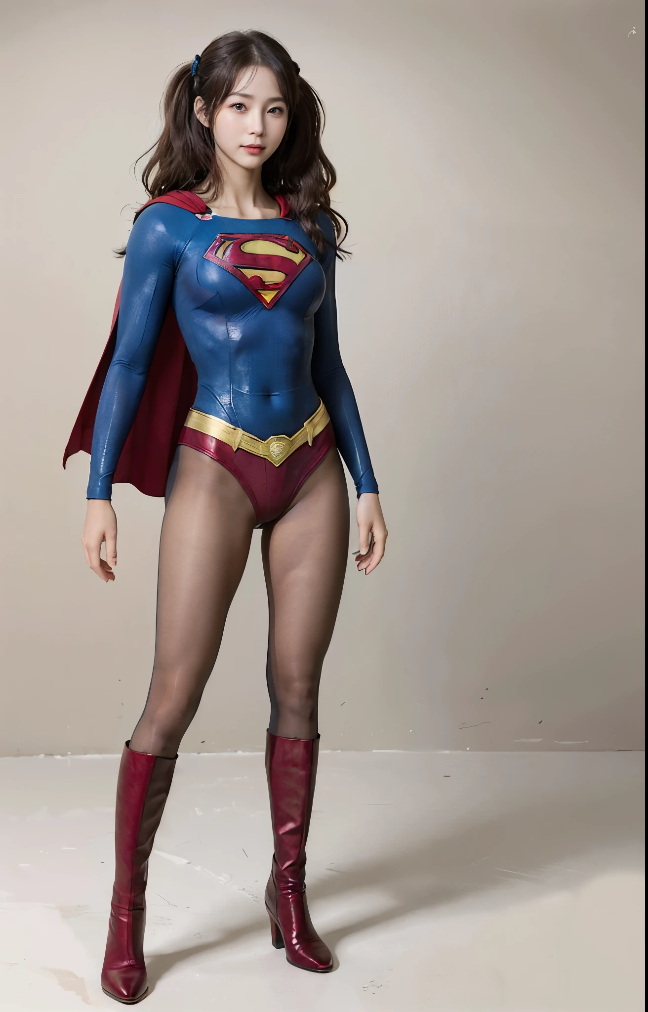 No background、(((Beautiful legs in black tights.)))、(((Legally express the beauty of your smile)))、((((Make the most of your original images)))、(((Body-fitting Supergirl costume)))、(((Supergirl Costume)))、(((Beautiful hair with twin tails)))、(((suffering)))、(((Please wear black tights....、Wear red boots)))、((Best image quality、8k))、((highest quality、8k、masterpiece:1.3))、(((Preserve background )))、Sharp focus:1.2、Beautiful woman with perfect figure:1.4、Slim Abs:1.2、Wet body:1.5、Highly detailed face and skin texture、8k