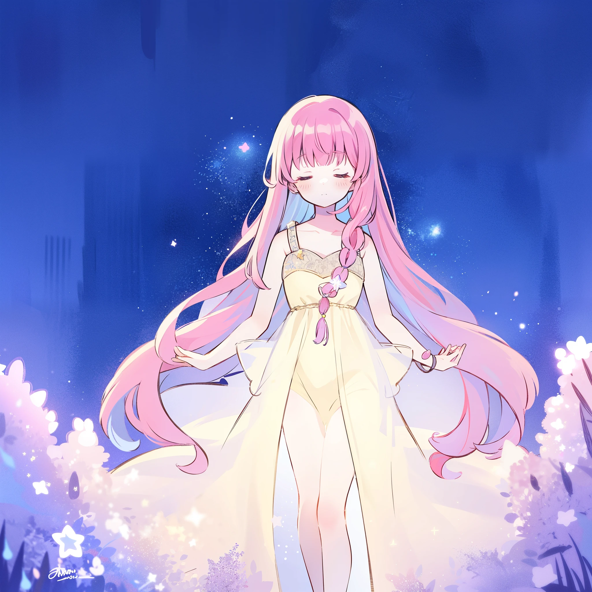 complex background, wishing star background, a woman wearing an ethereal mystical pink translucent dress that reflects the stars, dreamy, peaceful, serene composition, glowing stars, glowing, complex drawing, highly detailed, ethereal, starry night, midjourney style