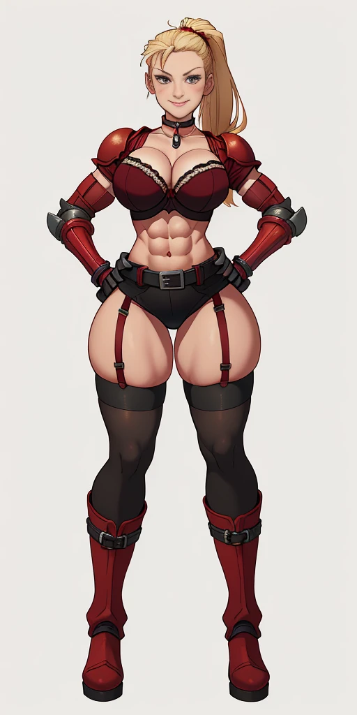 (Masterpiece, 4k, plain background:1.2) Female Cammy White Street Fighter red gloves gauntlets full body standing straight symmetrical feet together looking to the viewer RED full body armored, 2 crossing big belt under belly button, navel, abs, garter straps belts attaching bra big knockers, view from below, wide hips, thick thighs legs apart from below depth range, smile red cheeks, long messy hair ponytail, (handcuffs, shackles, rerebrace, faulds, poleyn, leather collar choker, high boots bootstraps, sleeves, stockings) ((hands on hips))