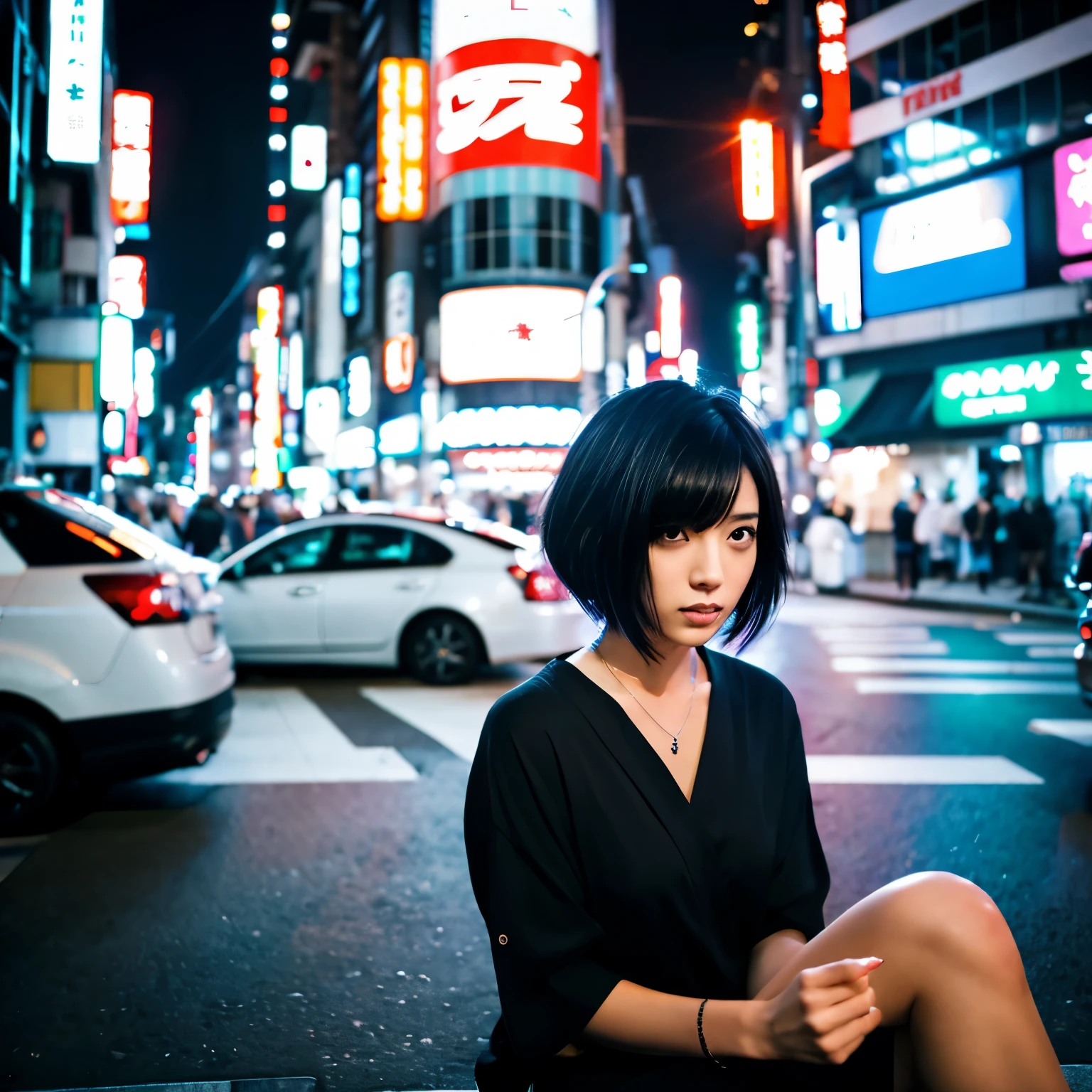 Tokyo at Night、Sitting、Black Hair Shortcut Hair、