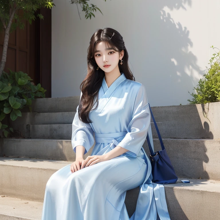 A beautiful, bored Korean teenage girl looking directly into the camera. (best quality, highres, realistic:1.37), detailed eyes, detailed lips, slight smile, flawless skin. She has long, straight black hair cascading over her shoulders. She is wearing a traditional Korean hanbok with intricate floral embroidery. The hanbok is made of vibrant silk fabric in shades of pink, purple, and blue. The girl is standing against a backdrop of a serene Korean garden with blooming cherry blossom trees and a small pond with colorful koi fish swimming. The garden is bathed in soft, golden sunlight, casting a warm glow on the girl's face. The overall color palette of the image is pastel and harmonious, emphasizing the girl's natural beauty and the peaceful atmosphere of the scene.